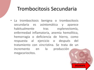 • La trombocitosis benigna o trombocitosis
secundaria es asintomática y aparece
habitualmente tras esplenectomía,
enfermedad inflamatoria, anemia hemolítica,
hemorragia o deficiencia de hierro, como
respuesta al ejercicio o después del
tratamiento con vincristina. Se trata de un
incremento en la producción de
megacariocitos.
Trombocitosis Secundaria
 