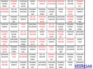 TROMBO-
CITOSIS
PRIM.
TROMBO-
CITOPE-
NIA
PURPURA
ESCOR-
BUTO
HEMO-
FILIA
PURPURA
SIMPLE
SARCOMA
DE KAPOSI
BERNARD
SOULIER
DEF. DE
FACTOR
TROMBO-
CITOSIS
SEC.
SARCOMA
DE KAPOSI
DEF. DE
FACTOR
BERNARD
SOULIER
TROMBO-
CITOPE-
NIA
TROMBO-
CITOSIS
PRIM.
TROMBO-
CITOSIS
SEC.
HEMO-
FILIA
PURPURA
ESCOR-
BUTO
PURPURA
SIMPLE
HEMO-
FILIA
TROMBO-
CITOSIS
SEC.
PURPURA
SIMPLE
DEF. DE
FACTOR
PURPURA
ESCOR-
BUTO
BERNARD
SOULIER
SARCOMA
DE KAPOSI
TROMBO-
CITOSIS
PRIM.
TROMBO-
CITOPE-
NIA
PURPURA
SIMPLE
BERNARD
SOULIER
HEMO-
FILIA
SARCOMA
DE KAPOSI
TROMBO-
CITOSIS
SEC.
DEF. DE
FACTOR
PURPURA
ESCOR-
BUTO
TROMBO-
CITOPE-
NIA
TROMBO-
CITOSIS
PRIM.
TROMBO-
CITOPE-
NIA
PURPURA
ESCOR-
BUTO
DEF. DE
FACTOR
BERNARD
SOULIER
HEMO-
FILIA
TROMBO-
CITOSIS
PRIM.
TROMBO-
CITOSIS
SEC.
PURPURA
SIMPLE
SARCOMA
DE KAPOSI
TROMBO-
CITOSIS
SEC.
SARCOMA
DE KAPOSI
TROMBO-
CITOSIS
PRIM.
PURPURA
ESCOR-
BUTO
TROMBO-
CITOPE-
NIA
PURPURA
SIMPLE
DEF. DE
FACTOR
BERNARD
SOULIER
HEMO-
FILIA
PURPURA
ESCOR-
BUTO
TROMBO-
CITOSIS
PRIM.
TROMBO-
CITOSIS
SEC.
PURPURA
SIMPLE
BERNARD
SOULIER
HEMO-
FILIA
TROMBO-
CITOPE-
NIA
SARCOMA
DE KAPOSI
DEF. DE
FACTOR
BERNARD
SOULIER
HEMO-
FILIA
SARCOMA
DE KAPOSI
TROMBO-
CITOSIS
PRIM.
DEF. DE
FACTOR
TROMBO-
CITOPE-
NIA
PURPURA
SIMPLE
TROMBO-
CITOSIS
SEC.
PURPURA
ESCOR-
BUTO
DEF. DE
FACTOR
PURPURA
SIMPLE
TROMBO-
CITOPE-
NIA
TROMBO-
CITOSIS
SEC.
SARCOMA
DE KAPOSI
PURPURA
ESCOR-
BUTO
TROMBO-
CITOSIS
PRIM.
HEMO-
FILIA
BERNARD
SOULIER
REGRESAR
 