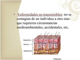 • Enfermedades no transmisibles: no se 
contagian de un individuo a otro sino 
que requieren circunstancias 
medioambientales, accidentales, etc. 
 