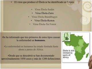 • El virus que produce el Ébola se ha identificado en 5 tipos: 
• Virus Ébola-Sudán 
• Virus Ébola-Zaire 
• Virus Ebola-Bundibugyo 
• Virus Ébola-Reston 
• Virus Ébola-Tai Forest 
•Se ha informado que tres primeros de estos tipos causan 
la enfermedad en humanos. 
•La enfermedad en humanos ha estado limitada hasta 
ahora a partes de África. 
•Desde que se descubrió se han documentado 
aproximadamente 1850 casos y más de 1200 defunciones. 
 