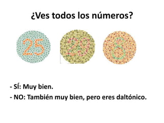 ¿Ves todos los números?- SÍ: Muy bien.- NO: También muy bien, pero eres daltónico.