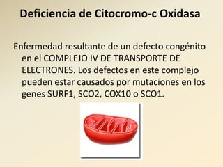 Deficiencia de Citocromo-c Oxidasa Enfermedad resultante de un defecto congénito en el COMPLEJO IV DE TRANSPORTE DE ELECTRONES. Los defectos en este complejo pueden estar causados por mutaciones en los genes SURF1, SCO2, COX10 o SCO1.