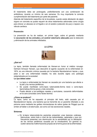 ENFERMEDADES INFECCIOSAS UTEA
MARGARITA HUACHO ESPINOZA 12
El tratamiento debe ser prolongado, preferiblemente con una combinación de
antibióticos, durante un mínimo de seis semanas. Es muy importante la correcta
cumplimentación del tratamiento por parte del paciente.
Además del tratamiento específico de la brucelosis, cuando existe afectación de algún
órgano en concreto se puede requerir de otros tratamientos adicionales como cirugía
para drenar un absceso en el hígado o en el cerebro (colección de pus) o reparar una
válvula cardiaca.
Prevención
La prevención se ha de realizar, en primer lugar, sobre el ganado mediante
la vacunación de los animales y el control veterinario adecuado para la detección
y eliminación de los animales infectados.
LA LEPRA
¿Qué es?
La lepra, también llamada enfermedad de Hansen en honor al médico noruego
Gerhard Armauer Hansen, que descubrió el agente causante de la enfermedad en
1874, es una infección crónica causada por la bacteria Mycobacterium leprae, y que,
pese a ser una enfermedad tratable, ha sido durante siglos una patología
estigmatizada por la sociedad.
Lo que debes saber
 La lepra o enfermedad de Hansen es causada por una bacteria que afecta a
la piel y los nervios periféricos.
 Se puede manifestar como lepra tuberculoide (forma leve) o como lepra
lepromatosa (forma grave y más conocida).
 Puede afectar a los cartílagos nasales y auriculares, causando deformidades
en la cara conocidas como facies leonina.
¿Cómo se produce?
La lepra, como se ha expuesto al principio del texto, está causada por el
Mycobacterium leprae, una bacteria que se transmite de un paciente infectado a una
persona sana mediante las gotitas microscópicas de saliva (gotas de Flügge) que se
emiten al hablar o al estornudar, así como con las secreciones nasales.
Síntomas
 En la lepra tuberculoide los pacientes presentan unas lesiones cutáneas
blancuzcas, sobre todo a nivel de las extremidades, aplanadas y que con
frecuencia presentan una disminución de la sensibilidad por la afectación
de los nervios periféricos causada por la micobacteria. En general no
suelen darse las malformaciones propias de la forma grave de la enfermedad.
 