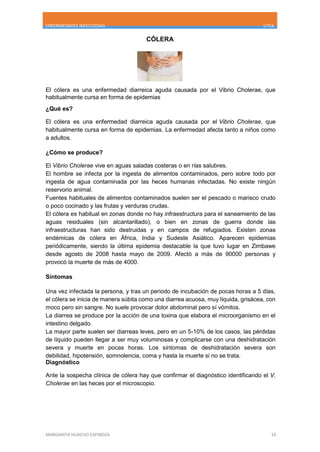 ENFERMEDADES INFECCIOSAS UTEA
MARGARITA HUACHO ESPINOZA 14
CÓLERA
El cólera es una enfermedad diarreica aguda causada por el Vibrio Cholerae, que
habitualmente cursa en forma de epidemias
¿Qué es?
El cólera es una enfermedad diarreica aguda causada por el Vibrio Cholerae, que
habitualmente cursa en forma de epidemias. La enfermedad afecta tanto a niños como
a adultos.
¿Cómo se produce?
El Vibrio Cholerae vive en aguas saladas costeras o en rías salubres.
El hombre se infecta por la ingesta de alimentos contaminados, pero sobre todo por
ingesta de agua contaminada por las heces humanas infectadas. No existe ningún
reservorio animal.
Fuentes habituales de alimentos contaminados suelen ser el pescado o marisco crudo
o poco cocinado y las frutas y verduras crudas.
El cólera es habitual en zonas donde no hay infraestructura para el saneamiento de las
aguas residuales (sin alcantarillado), o bien en zonas de guerra donde las
infraestructuras han sido destruidas y en campos de refugiados. Existen zonas
endémicas de cólera en África, India y Sudeste Asiático. Aparecen epidemias
periódicamente, siendo la última epidemia destacable la que tuvo lugar en Zimbawe
desde agosto de 2008 hasta mayo de 2009. Afectó a más de 90000 personas y
provocó la muerte de más de 4000.
Síntomas
Una vez infectada la persona, y tras un periodo de incubación de pocas horas a 5 días,
el cólera se inicia de manera súbita como una diarrea acuosa, muy líquida, grisácea, con
moco pero sin sangre. No suele provocar dolor abdominal pero sí vómitos.
La diarrea se produce por la acción de una toxina que elabora el microorganismo en el
intestino delgado.
La mayor parte suelen ser diarreas leves, pero en un 5-10% de los casos, las pérdidas
de líquido pueden llegar a ser muy voluminosas y complicarse con una deshidratación
severa y muerte en pocas horas. Los síntomas de deshidratación severa son
debilidad, hipotensión, somnolencia, coma y hasta la muerte si no se trata.
Diagnóstico
Ante la sospecha clínica de cólera hay que confirmar el diagnóstico identificando el V.
Cholerae en las heces por el microscopio.
 