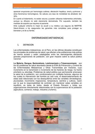 ENFERMEDADES INFECCIOSAS UTEA
MARGARITA HUACHO ESPINOZA 35
aparecer erupciones por hemorragia cutánea, afectación hepática, renal y pulmonar y
otros fenómenos hemorrágicos. Se calcula una tasa de mortalidad de alrededor del
30%.
En cuanto al tratamiento, no existe vacuna y pueden utilizarse tratamientos antivirales,
aunque su eficacia no está claramente demostrada. Por supuesto, también las
medidas de soporte que requiera el paciente.
Ante cualquier síntoma lo mejor es acudir a su médico. Los seguros de MAPFRE
Salud ofrecen a los asegurados las garantías más completas para proteger su
bienestar y el de su familia.
ENFERMEDADESMETAXENICAS
1. DEFINICION
Las enfermedades metaxenicas, en el Perú, en las últimas décadas constituyen
los principales de problemas de salud, que afectan a las poblaciones más pobres
de menos acceso y están catalogadas entre las reemergentes, afectando
grandes proporciones de población, con gran impacto sobre la salud pública
nacional.
La Malaria, Dengue, Bartonelosis, Leishmaniasis y Tripanosomiasis: son
los 05 problemas de salud abordados desde la ESN de Prevención y Control de
las Enfermedades Metaxenicas y Otras Transmitidas por Vectores, cuyo
incremento en la transmisión e incremento de los factores de riesgo, ha hecho
prioritario su abordaje. Problemas de salud pública que permanente amenazan
la salud de la población, son condicionados por múltiples factores, algunos de
los cuales la intervención del hombre es casi nula, el desencadenamiento de
estas está relacionado con los desequilibrios entre las variables climatológicas,
pluviosidad, movimiento migraciones, temperatura, siembra y cultivos, razón
por la que la responsabilidad de controlar y/o mantener estas variables en
equilibrio, es tarea de todos, desde el Estado Peruano y todas sus
organizaciones directamente relacionadas con la supervivencia de la población
(agricultura, comercio, trabajo, industria y turismo).
 