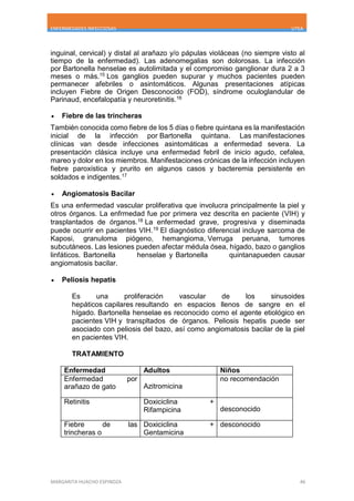 ENFERMEDADES INFECCIOSAS UTEA
MARGARITA HUACHO ESPINOZA 46
inguinal, cervical) y distal al arañazo y/o pápulas violáceas (no siempre visto al
tiempo de la enfermedad). Las adenomegalias son dolorosas. La infección
por Bartonella henselae es autolimitada y el compromiso ganglionar dura 2 a 3
meses o más.15 Los ganglios pueden supurar y muchos pacientes pueden
permanecer afebriles o asintomáticos. Algunas presentaciones atípicas
incluyen Fiebre de Origen Desconocido (FOD), síndrome oculoglandular de
Parinaud, encefalopatía y neuroretinitis.16
 Fiebre de las trincheras
También conocida como fiebre de los 5 días o fiebre quintana es la manifestación
inicial de la infección por Bartonella quintana. Las manifestaciones
clínicas van desde infecciones asintomáticas a enfermedad severa. La
presentación clásica incluye una enfermedad febril de inicio agudo, cefalea,
mareo y dolor en los miembros. Manifestaciones crónicas de la infección incluyen
fiebre paroxística y prurito en algunos casos y bacteremia persistente en
soldados e indigentes.17
 Angiomatosis Bacilar
Es una enfermedad vascular proliferativa que involucra principalmente la piel y
otros órganos. La enfrmedad fue por primera vez descrita en paciente (VIH) y
trasplantados de órganos.18 La enfermedad grave, progresiva y diseminada
puede ocurrir en pacientes VIH.19 El diagnóstico diferencial incluye sarcoma de
Kaposi, granuloma piógeno, hemangioma, Verruga peruana, tumores
subcutáneos. Las lesiones pueden afectar médula ósea, hígado, bazo o ganglios
linfáticos. Bartonella henselae y Bartonella quintanapueden causar
angiomatosis bacilar.
 Peliosis hepatis
Es una proliferación vascular de los sinusoides
hepáticos capilares resultando en espacios llenos de sangre en el
hígado. Bartonella henselae es reconocido como el agente etiológico en
pacientes VIH y transpltados de órganos. Peliosis hepatis puede ser
asociado con peliosis del bazo, así como angiomatosis bacilar de la piel
en pacientes VIH.
TRATAMIENTO
Enfermedad Adultos Niños
Enfermedad por
arañazo de gato Azitromicina
no recomendación
Retinitis Doxiciclina +
Rifampicina desconocido
Fiebre de las
trincheras o
Doxiciclina +
Gentamicina
desconocido
 