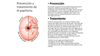 Prevención y 
tratamiento de 
el papiloma 
• Prevención 
No existe ninguna manera definitiva de prevenir 
todas las infecciones posibles de HPV. Sin 
embargo, para minimizar el riesgo utiliza siempre 
preservativos y otros métodos de barrera en el 
sexo oral. Si conoces a alguien que tiene una 
verruga, evita el contacto de piel a piel con la 
verruga.evención. 
• Tratamiento 
Existen preparados sin receta médica para 
tratar verrugas comunes de la piel. Se trata de 
productos químicos que han de ser utilizados 
durante semanas o meses hasta destruir la 
verruga. No los utilices para las verrugas en la 
cara, los órganos genitales o el ano. No deben 
ser utilizados por personas con diabetes, 
problemas de circulación o verrugas infectadas. 
Para un tratamiento más rápido y más 
duradero, tu médico puede intentar varios 
procedimientos, entre ellos: 
-Quitar la verruga quirúrgicamente 
-Congelar la verruga (crioterapia) 
-Cauterizar la verruga usando electricidad 
-La aplicación de un medicamento tópico más 
fuerte. 
