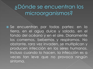¿Dónde se encuentran los microorganismos?Se encuentran por todas partes: en la tierra, en el agua dulce y salada, en el fondo del océano y en el aire. Diariamente los comemos, bebemos y respiramos. No obstante, rara vez invaden, se multiplican y producen infección en los seres humanos. Incluso cuando lo hacen, la infección es a veces tan leve que no provoca ningún síntoma.