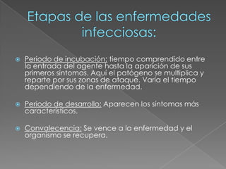 Etapas de las enfermedades infecciosas:Periodo de incubación:tiempo comprendido entre la entrada del agente hasta la aparición de sus primeros síntomas. Aquí el patógeno se multiplica y reparte por sus zonas de ataque. Varía el tiempo dependiendo de la enfermedad. Periodo de desarrollo:Aparecen los síntomas más característicos. Convalecencia:Se vence a la enfermedad y el organismo se recupera. 