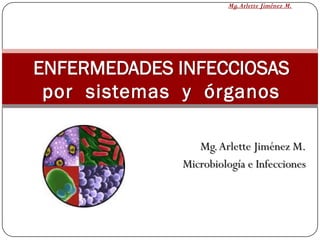 Mg.Arlette Jiménez M.




ENFERMEDADES INFECCIOSAS
 por sistemas y órganos

                Mg. Arlette Jiménez M.
             Microbiología e Infecciones
 