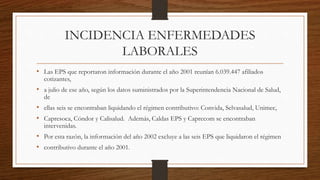 INCIDENCIA ENFERMEDADES 
LABORALES 
• Las EPS que reportaron información durante el año 2001 reunían 6.039.447 afiliados 
cotizantes, 
• a julio de ese año, según los datos suministrados por la Superintendencia Nacional de Salud, 
de 
• ellas seis se encontraban liquidando el régimen contributivo: Convida, Selvasalud, Unimec, 
• Capresoca, Cóndor y Calisalud. Además, Caldas EPS y Caprecom se encontraban 
intervenidas. 
• Por esta razón, la información del año 2002 excluye a las seis EPS que liquidaron el régimen 
• contributivo durante el año 2001. 
 