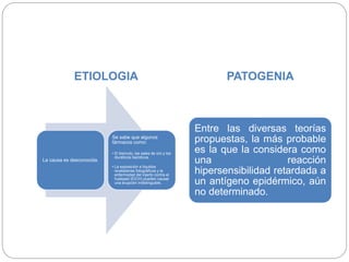 ETIOLOGIA PATOGENIA
La causa es desconocida.
Se sabe que algunos
fármacos como:
• El bismuto, las sales de oro y los
diuréticos tiazídicos.
• La exposición a líquidos
reveladores fotográficos y la
enfermedad del injerto contra el
huésped (EICH) pueden causar
una erupción indistinguible.
Entre las diversas teorías
propuestas, la más probable
es la que la considera como
una reacción
hipersensibilidad retardada a
un antígeno epidérmico, aún
no determinado.
 