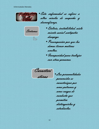 Enfermedades Mentales



     PARAN •Esta enfermedad se refiere a
      OIA   altos niveles de sospecha y
                           desconfianza,
                              •Delirio, irritabilidad, aisla
              Síntomas         miento social ,antipatía
                               desapego.
                              •Preocupación por que los
                               demas tienen motivos
                               ocultos.
                              •Incapacidad para trabajar
                               con otras personas.

                        Caracterí
                                      •Las personalidades
                         sticas        paranoides se
                                       caracterizan por
                                       unos patrones y
                                       unos rasgos de
                                       conducta que
                                       permiten
                                       distinguirlas y
                                       estudiarlas.

                                 12
 