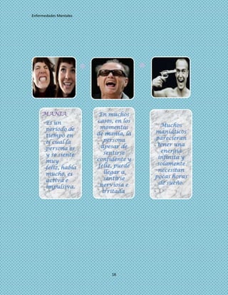 Enfermedades Mentales




     MANIA               En muchos
     •Es un             casos, en los
                         momentos          Muchos
      período de                        maniáticos
      tiempo en         de manía, la
                           persona      parecieran
      el cual la                         tener una
      persona es         apesar de
                           sentirse        energía
      y se siente                        infinita y
      muy               confidente y
                        feliz, puede     solamente
      feliz, habla                       necesitan
      mucho, es            llegar a
                           sentirse     pocas horas
      activa e                            de sueño.
      impulsiva.         nerviosa e
                          irritada.




                             16
 