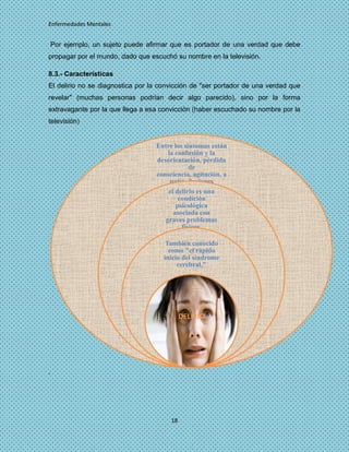 Enfermedades Mentales


    Por ejemplo, un sujeto puede afirmar que es portador de una verdad que debe
propagar por el mundo, dado que escuchó su nombre en la televisión.

8.3.- Características
El delirio no se diagnostica por la convicción de "ser portador de una verdad que
revelar" (muchas personas podrían decir algo parecido), sino por la forma
extravagante por la que llega a esa convicción (haber escuchado su nombre por la
televisión)


                                   Entre los síntomas están
                                       la confusión y la
                                   desorientación, pérdida
                                               de
                                   consciencia, agitación, a
                                        patía. ilusiones
                                       el delirio es una
                                           condición
                                          psicológica
                                         asociada con
                                      graves problemas
                                            físicos.

                                       También conocido
                                        como "el rápido
                                      inicio del síndrome
                                           cerebral,"




                                             DELIRIO




.




                                        18
 