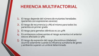 HERENCIA MULTIFACTORIAL
1.
2.

3.
4.
5.

El riesgo depende del número de mutantes heredades
(parientes con expresiones severas)
El riesgo de recurrencia (2-7%) el mismo para todos los
parientes en primer grado
El riesgo para gemelos idénticos es 20-40%
En embarazos subsecuentes el riesgo aumenta si el anterior
estuvo afectado (7-9%)
El riesgo de expresión del rasgo discontinuo (diabetes)
ocurrirá solamente cuando la influencia sumatoria de genes
y ambiente superen un umbral determinado

 