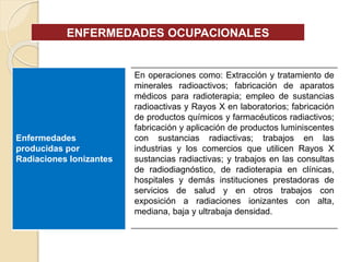 ENFERMEDADES OCUPACIONALES
En operaciones como: Extracción y tratamiento de
minerales radioactivos; fabricación de aparatos
médicos para radioterapia; empleo de sustancias
radioactivas y Rayos X en laboratorios; fabricación
de productos químicos y farmacéuticos radiactivos;
fabricación y aplicación de productos luminiscentes
con sustancias radiactivas; trabajos en las
industrias y los comercios que utilicen Rayos X
sustancias radiactivas; y trabajos en las consultas
de radiodiagnóstico, de radioterapia en clínicas,
hospitales y demás instituciones prestadoras de
servicios de salud y en otros trabajos con
exposición a radiaciones ionizantes con alta,
mediana, baja y ultrabaja densidad.
Enfermedades
producidas por
Radiaciones lonizantes
 