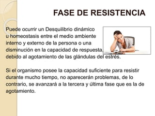 Puede ocurrir un Desquilibrio dinámico
u homeostasis entre el medio ambiente
interno y externo de la persona o una
disminución en la capacidad de respuesta,
debido al agotamiento de las glándulas del estrés.
Si el organismo posee la capacidad suficiente para resistir
durante mucho tiempo, no aparecerán problemas, de lo
contrario, se avanzará a la tercera y última fase que es la de
agotamiento.
FASE DE RESISTENCIA
 