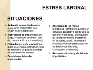  Ambiente laboral inadecuado
(estresores ambientales que
exigen doble adaptación)
 Sobrecarga de trabajo (tensión,
fatiga, irritabilidad, ansiedad, falta
de concentración y embotamiento)
 Estimulación lenta y monótona
(Esto les generará distracción, falta
de atención y un posible aumento
de accidentes de trabajo).
 Condiciones laborales
inadecuadas
 Alteración de los ritmos
biológicos (cambios requieren un
esfuerzo adaptativo con lo que se
genera: irritabilidad, disminución
de la concentración, trastornos
en el sueño, fatiga, ansiedad y
modificaciones problemáticas en
las relaciones sociales,
conyugales y sexuales).
 Responsabilidades y decisiones
importantes
ESTRÉS LABORAL
SITUACIONES
 