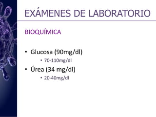 EXÁMENES DE LABORATORIOHEMOGRAMALinfocitopenia. SIDA, corticoides.Anemia. Infecciones.V. De Sedimentación aumentada. Infección aguda, anemia.