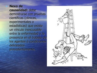 Nexo de causalidad:  debe demostrarse con pruebas científicas (clínicas, experimentales o estadísticas) que existe un vínculo inexcusable entre la enfermedad y la presencia en el trabajo de los agentes o condiciones delineados precedentemente.  