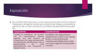 Exposición 
 Es condición demostrar que, como consecuencia del contacto entre el 
trabajador y el agente o particular condición de trabajo, se posibilita la 
gestación de un daño a la salud. Los criterios de demostración pueden 
ser: 
CUALITATIVOS CUANTITATIVOS 
Consiste en establecer, de acuerdo 
Se refiere a las disposiciones 
con los conocimientos médicos 
existentes en cuanto a los valores 
vigentes, una lista taxativa de 
límites o concentraciones 
ocupaciones con riesgo de exposición, 
máximas permisibles para cada 
y la declaración del afectado o de sus 
uno de los agentes incorporados 
representantes de estar 
desempeñando esa ocupación o 
a la lista. 
haberlo hecho. 
 