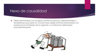 Nexo de causalidad 
 Debe demostrarse con pruebas científicas (clínicas, experimentales o 
estadísticas) que existe un vínculo inexcusable entre la enfermedad y la 
presencia en el trabajo de los agentes o condiciones delineados 
precedentemente. 
