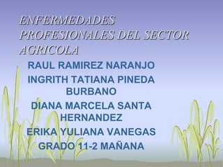 ENFERMEDADES
PROFESIONALES DEL SECTOR
AGRICOLA
 RAUL RAMIREZ NARANJO
 INGRITH TATIANA PINEDA
        BURBANO
  DIANA MARCELA SANTA
       HERNANDEZ
 ERIKA YULIANA VANEGAS
   GRADO 11-2 MAÑANA
 
