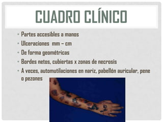 CUADRO CLÍNICO
• Partes accesibles a manos
• Ulceraciones mm – cm
• De forma geométricas
• Bordes netos, cubiertas x zonas de necrosis
• A veces, automutilaciones en nariz, pabellón auricular, pene
o pezones

 