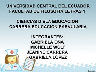 UNIVERSIDAD CENTRAL DEL ECUADOR
FACULTAD DE FILOSOFIA LETRAS Y
CIENCIAS D ELA EDUCACION
CARRERA EDUCACION PARVULARIA
INTEGRANTES:
GABRIELA OÑA
MICHELLE WOLF
JEANINE CARRERA
GABRIELA LÓPEZ

 