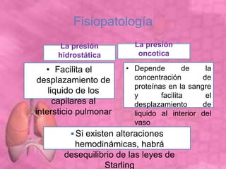 Fisiopatología
La presión
hidrostática
• Facilita el
desplazamiento de
liquido de los
capilares al
intersticio pulmonar
La presión
oncotica
• Depende de la
concentración de
proteínas en la sangre
y facilita el
desplazamiento de
liquido al interior del
vaso
Si existen alteraciones
hemodinámicas, habrá
desequilibrio de las leyes de
Starling
 