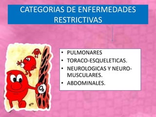 CATEGORIAS DE ENFERMEDADES
RESTRICTIVAS
• PULMONARES
• TORACO-ESQUELETICAS.
• NEUROLOGICAS Y NEURO-
MUSCULARES.
• ABDOMINALES.
 