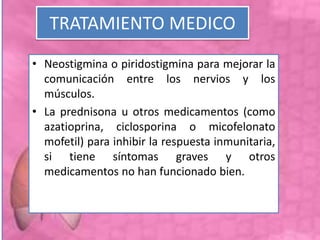 TRATAMIENTO MEDICO
• Neostigmina o piridostigmina para mejorar la
comunicación entre los nervios y los
músculos.
• La prednisona u otros medicamentos (como
azatioprina, ciclosporina o micofelonato
mofetil) para inhibir la respuesta inmunitaria,
si tiene síntomas graves y otros
medicamentos no han funcionado bien.
 