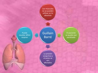 Guillain
Barré
Los músculos
no se pueden
utilizar en lo
absoluto
El paciente
se queda casi
paralizado
La presión
sanguínea y
el pulso se
ven
afectados
Puede
resultar difícil
respirar
 