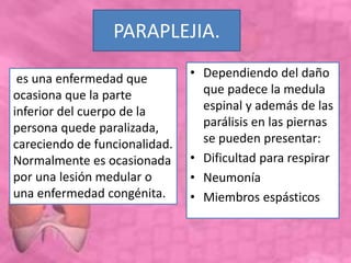 PARAPLEJIA.
• Dependiendo del daño
que padece la medula
espinal y además de las
parálisis en las piernas
se pueden presentar:
• Dificultad para respirar
• Neumonía
• Miembros espásticos
es una enfermedad que
ocasiona que la parte
inferior del cuerpo de la
persona quede paralizada,
careciendo de funcionalidad.
Normalmente es ocasionada
por una lesión medular o
una enfermedad congénita.
 