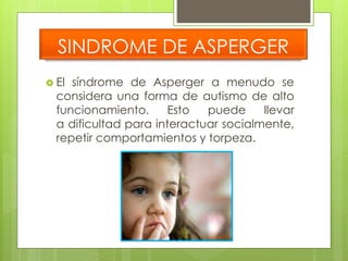 SINDROME DE ASPERGER 
 El síndrome de Asperger a menudo se 
considera una forma de autismo de alto 
funcionamiento. Esto puede llevar 
a dificultad para interactuar socialmente, 
repetir comportamientos y torpeza. 
 