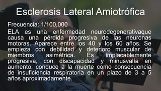 Esclerosis Lateral Amiotrófica
Frecuencia: 1/100,000
ELA es una enfermedad neurodegenerativaque
causa una pérdida progresiva de las neuronas
motoras. Aparece entre los 40 y los 60 años. Se
empieza con debilidad y deterioro muscular de
miembros asimétrica. Es implacablemente
progresiva, con discapacidad y minusvalía en
aumento, conduce a la muerte como consecuencia
de insuficiencia respiratoria en un plazo de 3 a 5
años aproximadamente.
 