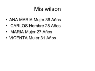Mis wilson
•
•
•
•

ANA MARIA Mujer 36 Años
CARLOS Hombre 28 Años
MARIA Mujer 27 Años
VICENTA Mujer 31 Años

 