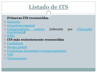 Listado de ITS 	Primeras ITS reconocidasGonorreaGranuloma inguinalLinfogranuloma venéreo (infección por Chlamydia trachomatis)SífilisITS más recientemente reconocidasCandidiasisHerpes genitalCondylomaAcuminata (verrugas genitales)VIHTricomoniasis