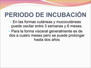 PERIODO DE INCUBACIÓN En las formas cutáneas y mucocutáneas puede oscilar entre 3 semanas y 6 meses. Para la forma visceral generalmente es de dos a cuatro meses pero se puede prolongar hasta dos años 