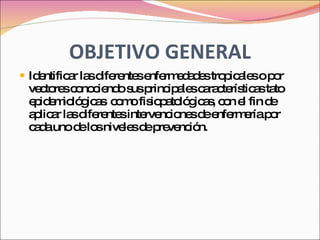 OBJETIVO GENERAL Identificar las diferentes enfermedades tropicales o por vectores conociendo sus principales características tato epidemiológicas  como fisiopatológicas, con el fin de aplicar las diferentes intervenciones de enfermería por cada uno de los niveles de prevención. 