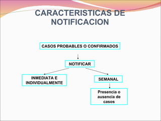 CARACTERISTICAS DE NOTIFICACION CASOS PROBABLES O CONFIRMADOS INMEDIATA E INDIVIDUALMENTE SEMANAL Presencia o ausencia de casos NOTIFICAR 