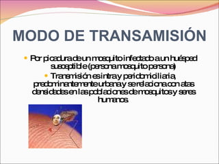 MODO DE TRANSAMISIÓN Por picadura de un mosquito infectado a un huésped susceptible (persona mosquito persona) Transmisión es intra y peridomiciliaria, predominantemente urbana y se relaciona con atas densidades en las poblaciones de mosquitos y seres humanos. 