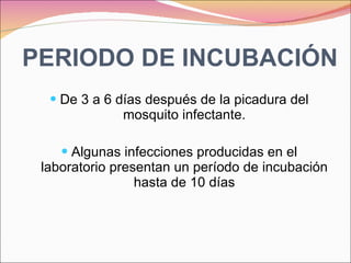 PERIODO DE INCUBACIÓN De 3 a 6 días después de la picadura del mosquito infectante. Algunas infecciones producidas en el laboratorio presentan un período de incubación hasta de 10 días 