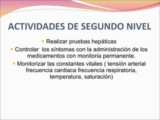 ACTIVIDADES DE SEGUNDO NIVEL Realizar pruebas hepáticas Controlar  los síntomas con la administración de los medicamentos con monitoria permanente. Monitorizar las constantes vitales ( tensión arterial frecuencia cardiaca frecuencia respiratoria, temperatura, saturación) 