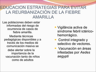 EDUCACION ESTRATEGIAS PARA EVITAR LA REURBANIZACIÓN DE LA FIEBRE AMARILLA Las poblaciones deben estar informadas del riesgo de ocurrencia de casos de fiebre amarilla. Mediante técnicas pedagógicas disponibles y a través de los medios de comunicación masiva se debe alertar sobre la importancia de la vacunación tanto de niños como de adultos Vigilância activa de síndrome febril ictérico-hemorrágico. Control integrado y selectivo de vectores. Vacunación en áreas infestadas por  Aedes aegypti 