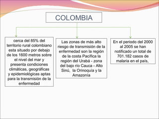 cerca del 85% del territorio rural colombiano esta situado por debajo de los 1600 metros sobre el nivel del mar y presenta condiciones climáticas, geográficas y epidemiológicas aptas para la transmisión de la enfermedad En el periodo del 2000 al 2005 se han notificado un total de 701.182 casos de malaria en el país,  Las zonas de más alto riesgo de transmisión de la enfermedad son la región de la costa Pacífica la región del Urabá - zona del bajo río Cauca - Alto Sinú,  la Orinoquía y la Amazonía COLOMBIA 