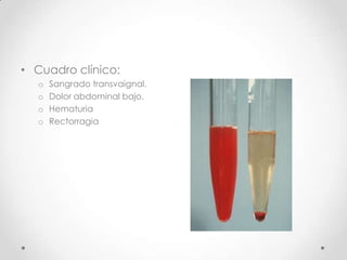 • Cuadro clínico:
  o   Sangrado transvaignal.
  o   Dolor abdominal bajo.
  o   Hematuria
  o   Rectorragia
 