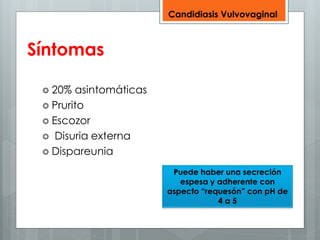 Síntomas 
 20% asintomáticas 
 Prurito 
 Escozor 
 Disuria externa 
 Dispareunia 
Candidiasis Vulvovaginal 
Puede haber una secreción 
espesa y adherente con 
aspecto “requesón” con pH de 
4 a 5 
 