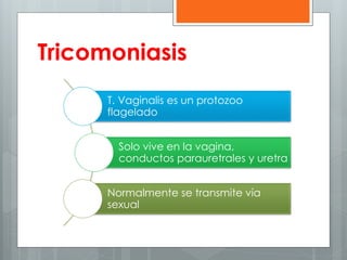 Tricomoniasis 
T. Vaginalis es un protozoo 
flagelado 
Solo vive en la vagina, 
conductos parauretrales y uretra 
Normalmente se transmite vía 
sexual 
 